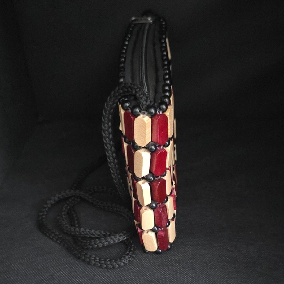 African Wooden Square Crossbody Purse in Natural and Burgundy - Picture 4 of 9